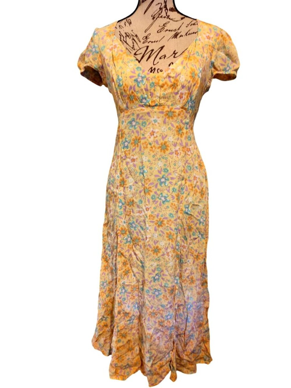 Floral Yellow Midi Dress Love Tree S Lightweight Smocked Waist Puff Sleeves